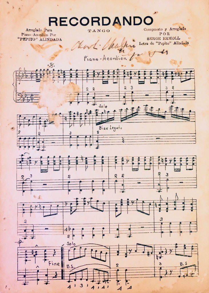 ‘Recordando’ Tango arranged for ‘Pepipito’ #milongo by Sergei Сергей Ермолаев 1936 for piano accordian performed at Paramount Ballroom 上海百樂門 1935-1937