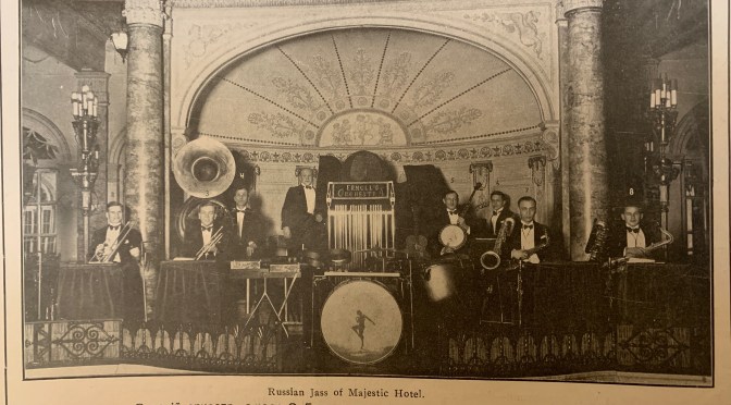 Serge Ermoll & His Orchestra 1929 the Majestic Hotel image quoted in V. D. Zhiganov Russians in Shanghai (1936) from “Cosmopolitan Shanghai” by 陈丹燕 Chen Danyan (2005) and Lynn Pan’s, Shanghai: A century of change in photographs, 1843-1949