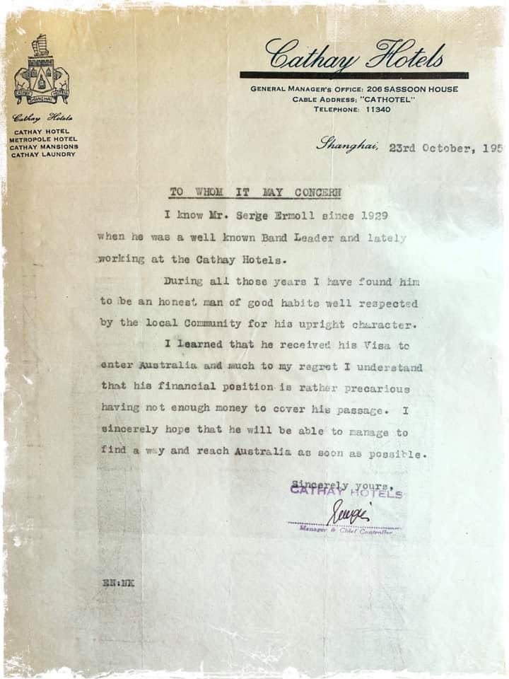 Serge Ermoll Сергей Ермолаев and His Orchestra, letter of reference from the manager of the Cathay Hotel, Shanghai, China,1950.