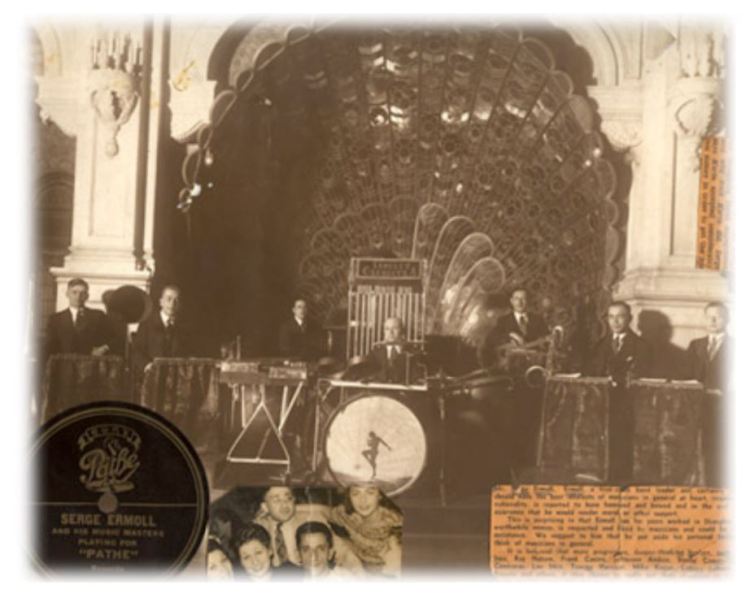 Serge Ermoll Сергей Ермолаев and His Orchestra, the Astor House 礼查饭店 Hotel Ballroom/ Bandstand with peacock fan half shell and Pathe label collage – Peacock Hall the cities first ballroom, Shanghai, China,1930