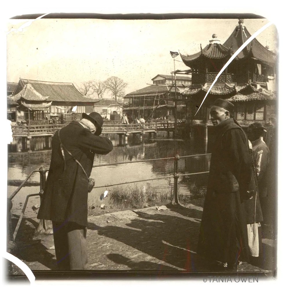 The Huxinting Teahouse. The nine-turnings-bridge is wooden, the upper stories are open air, and the surrounding low-rise buildings are gone today—but the teahouse in the lake is still recognizable! in Tina Kanagaratnam's The Early Shanghai Photographs of Pierre Gendron https://historicshanghai.substack.com/p/the-early-shanghai-photographs-of