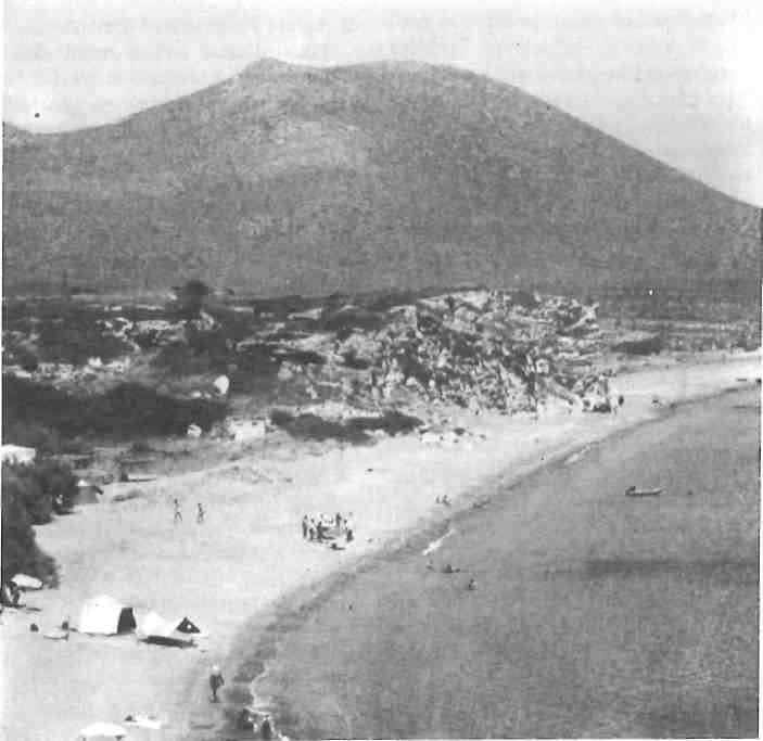 Image: Kastri, next to Palaiopoli, is the site of a Minoan colony excavated by the British 1963-5. Beyond rises the mountain of Aghios Georgios on whose summit is the first Minoan peak sactuary found outside of Crete on the island of Kythera.
